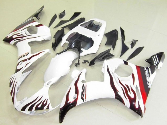 2003-2004 Yamaha YZF R6 Motorcycle Fairings - White Red Black Flame Michelin