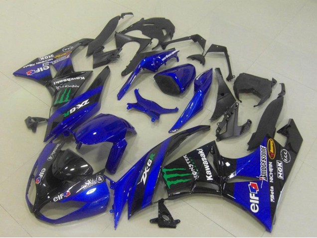 2009-2012 Kawasaki ZX6R Motorcycle Fairings - Blue Glossy Black Green Elf Monster Bridgestone