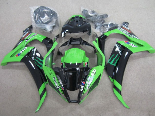 2011-2015 Kawasaki ZX10R Motorcycle Fairings - Green Glossy Black Green Elf Touch4 Monster