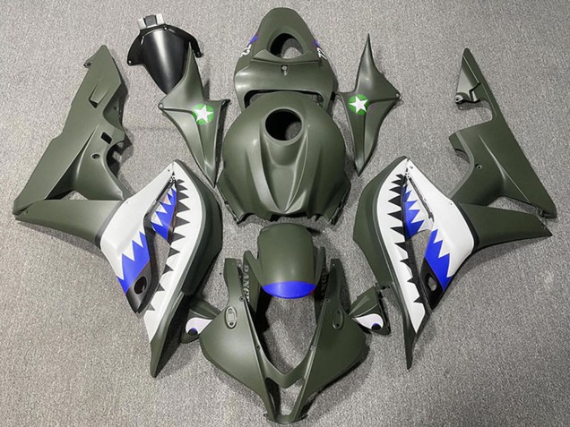 2007-2008 Honda CBR600RR Motorcycle Fairings - Army Green White Blue Shark