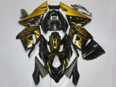 2004-2005 Kawasaki ZX10R Motorcycle Fairings - Glossy Black Gold Flame