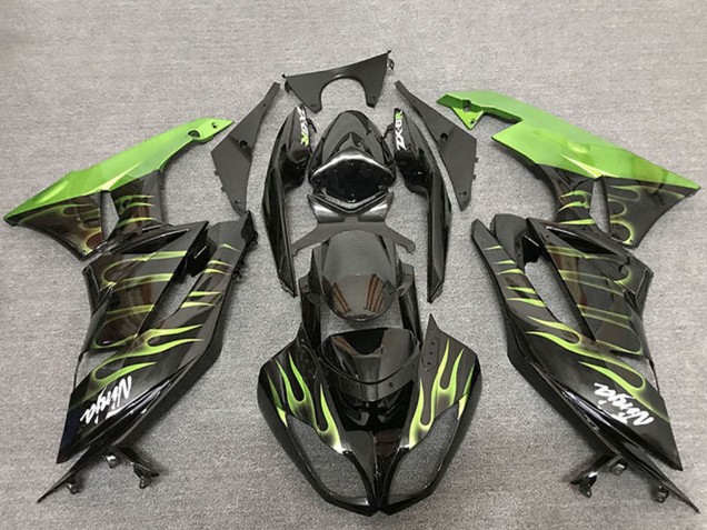 2009-2012 Kawasaki ZX6R Motorcycle Fairings - Glossy Black Green Flame