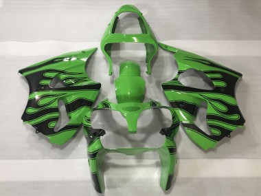 2000-2002 Kawasaki ZX6R Motorcycle Fairings - Green Black Flame