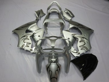 2000-2002 Kawasaki ZX6R Motorcycle Fairings - Silver Black Flame