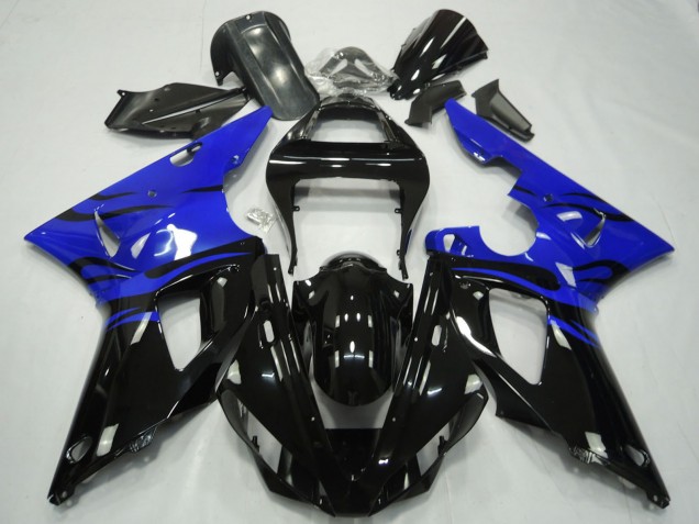 2000-2001 Yamaha R1 Motorcycle Fairings - Blue Glossy Black Flame