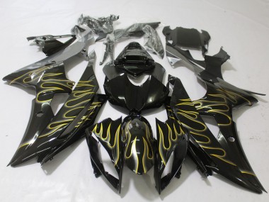 2008-2016 Yamaha R6 Motorcycle Fairings - Glossy Black Gold Flame