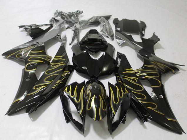 2008-2016 Yamaha R6 Motorcycle Fairings - Glossy Black Gold Flame