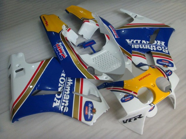 1988-1992 Honda VFR400R NC30 Motorcycle Fairings - White Blue Yellow Rothmans