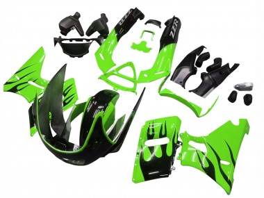1998-2003 Kawasaki ZZR600 Motorcycle Fairings - Green Glossy Black Flame