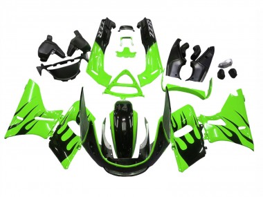 1998-2003 Kawasaki ZZR600 Motorcycle Fairings - Green Glossy Black Flame