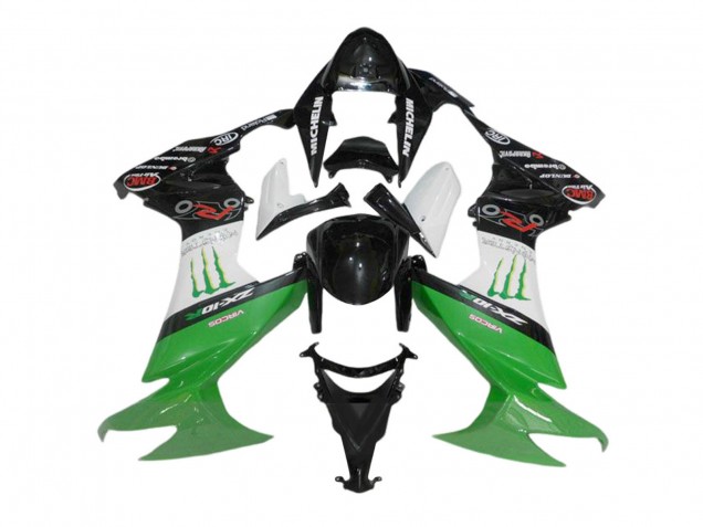 2008-2010 Kawasaki ZX10R Motorcycle Fairings - Glossy Black White Green Monster