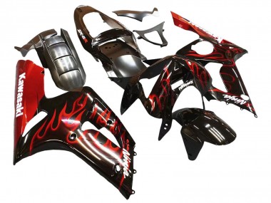 2003-2004 Kawasaki ZX6R Motorcycle Fairings - Glossy Black Red Flame