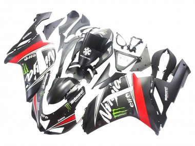 2007-2008 Kawasaki ZX6R Motorcycle Fairings - Black White Red with White Snow Decal Ninja Elf