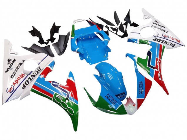 2005 Yamaha YZF 600 R6 Motorcycle Fairings - Light Blue White Green Red Kastinee Dunlop Motul