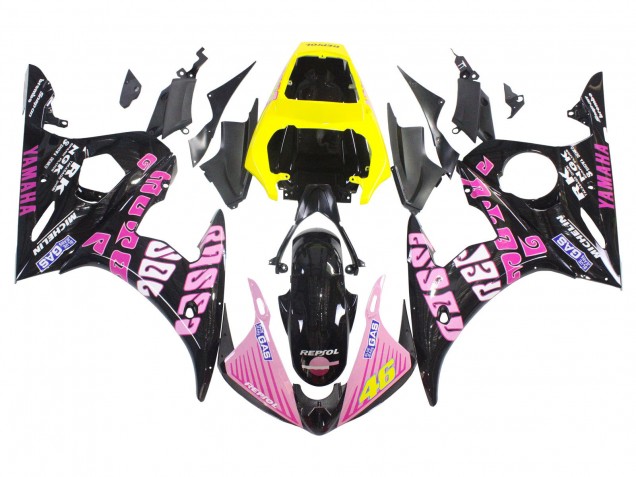 2005 Yamaha YZF 600 R6 Motorcycle Fairings - Black Pink Yellow Repsol 46