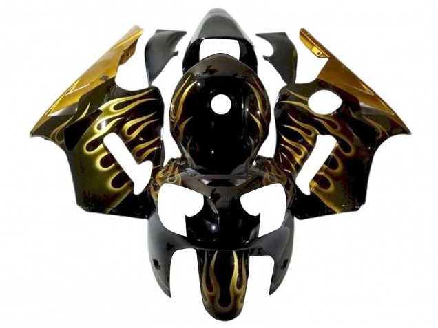 2000-2001 Kawasaki ZX12R Motorcycle Fairings - Glossy Black Gold Flame