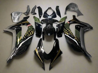 2016-2020 Kawasaki ZX10R Motorcycle Fairings - Glossy Black Gold Honeycomb
