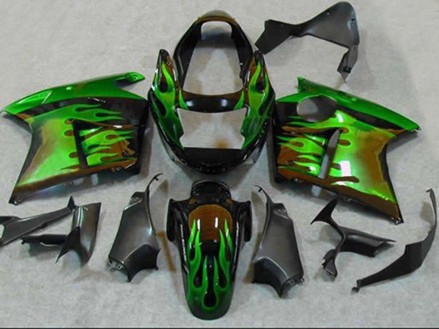 1996-2007 Honda CBR1100XX Blackbird Motorcycle Fairings - Glossy Black Green Flame