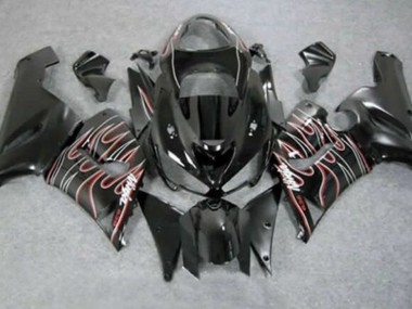 2005-2006 Kawasaki ZX6R Motorcycle Fairings - Glossy Black Red White Flame