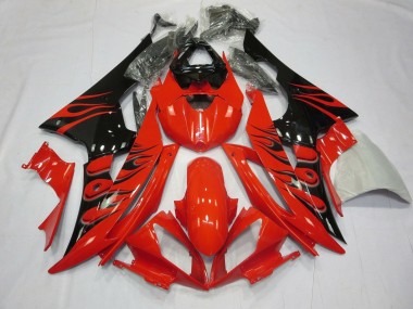 2008-2016 Yamaha YZF R6 Motorcycle Fairings - Red Glossy Black Flame