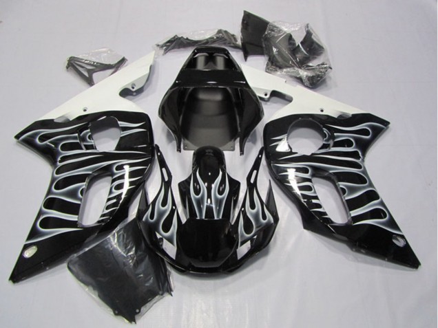 1998-2002 Yamaha YZF R6 Motorcycle Fairings - Glossy Black White Flame