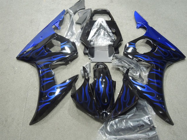 2003-2004 Yamaha YZF R6 Motorcycle Fairings - Glossy Black Blue Flame