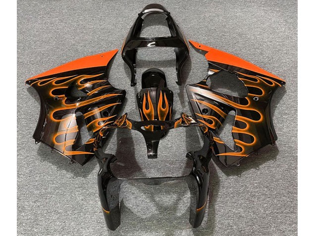 Online 2000-2002 Kawasaki ZX6R Fairings - Gloss Black & Orange Flame