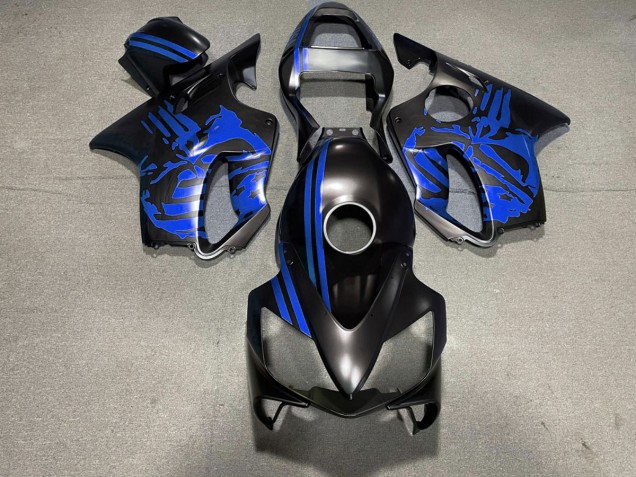 Online 2001-2003 Honda CBR600 F4i Fairings - Matte Black & Blue Skull Online 2001-2003 Honda CBR600 F4i Fairings - Matte Black & Blue Skull