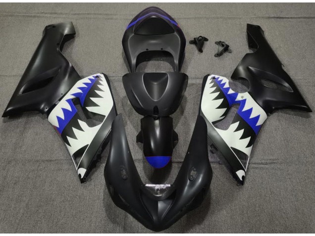 Online 2005-2006 Kawasaki ZX6R Fairings - Matte Black and Blue Shark Online 2005-2006 Kawasaki ZX6R Fairings - Matte Black and Blue Shark