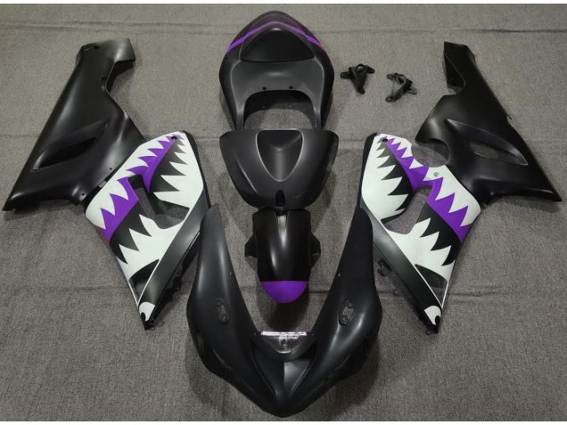 Online 2005-2006 Kawasaki ZX6R Fairings - Matte Black and Purple Shark