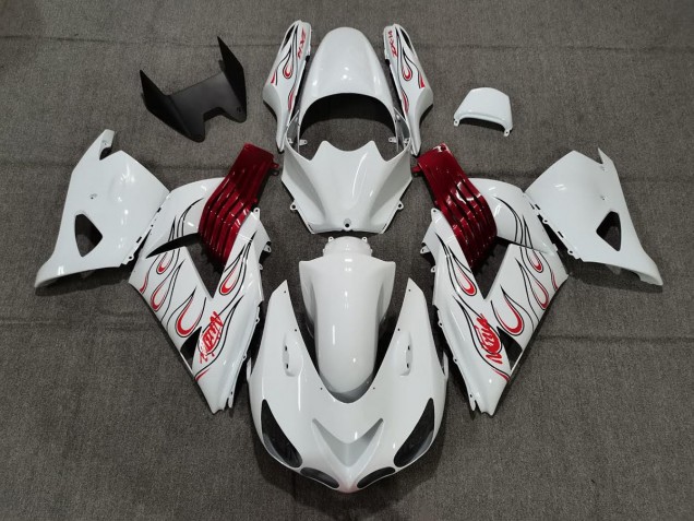 Online 2006-2011 Kawasaki ZX14R Fairings - White Red Flame Online 2006-2011 Kawasaki ZX14R Fairings - White Red Flame