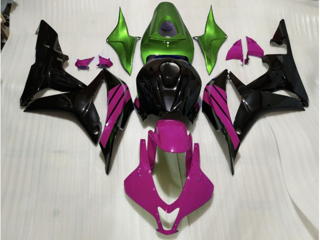 Online 2007-2008 Honda CBR600RR Fairings - Gloss Black & Pink and Green Accents Online 2007-2008 Honda CBR600RR Fairings - Gloss Black & Pink and Green Accents