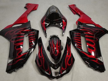 Online 2007-2008 Kawasaki ZX6R Fairings - Gloss Black & Red Flame