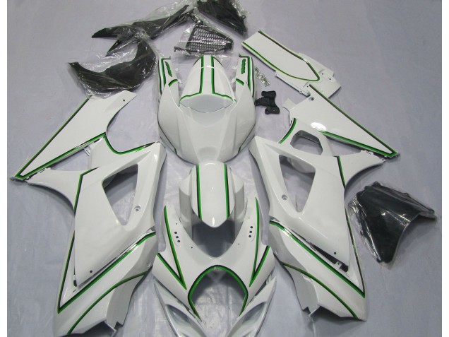 Online 2007-2008 Suzuki GSXR 1000 Fairings - Gloss White Green Pin Stripe Online 2007-2008 Suzuki GSXR 1000 Fairings - Gloss White Green Pin Stripe