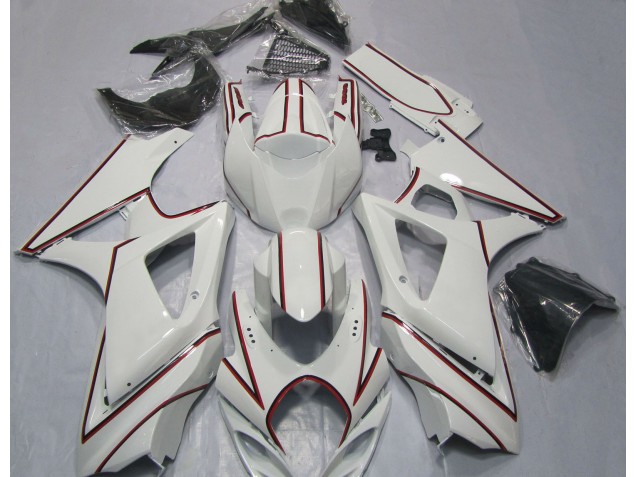 Online 2007-2008 Suzuki GSXR 1000 Fairings - White with Red Pin Stripe Online 2007-2008 Suzuki GSXR 1000 Fairings - White with Red Pin Stripe
