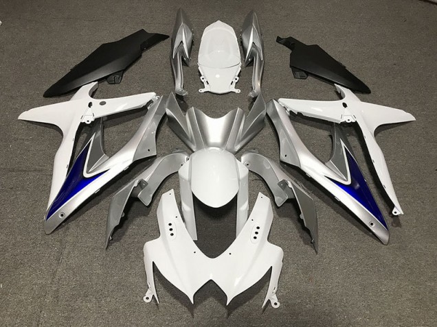 Online 2008-2010 Suzuki GSXR 600-750 Fairings - Gloss White With Silver and blue Matte Black Lower