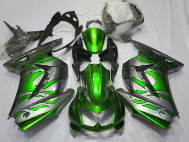 Online 2008-2013 Kawasaki Ninja 250 Fairings - Green and Silver Flame