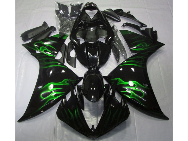 Online 2009-2012 Yamaha R1 Fairings - Black & Green Flame Online 2009-2012 Yamaha R1 Fairings - Black & Green Flame